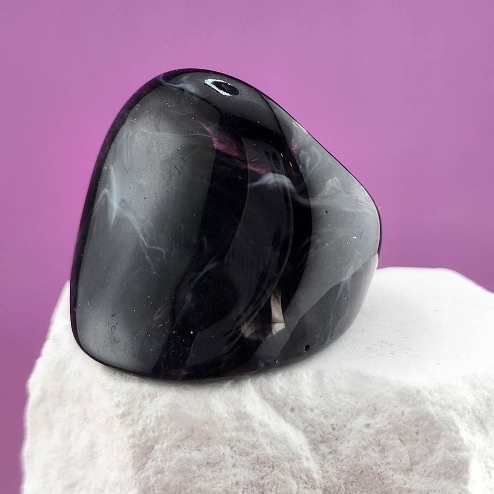 Black Gray Marbled Acrylic Chunky Dome Ring Wide Band Statement Cocktail Retro